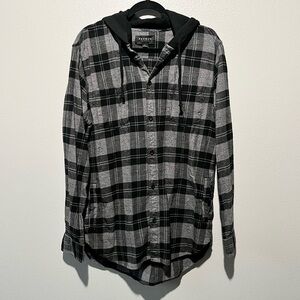 PACSUN- Plaid Button Down Long Sleeve Shirt with Hoodie Black and Grey Size L